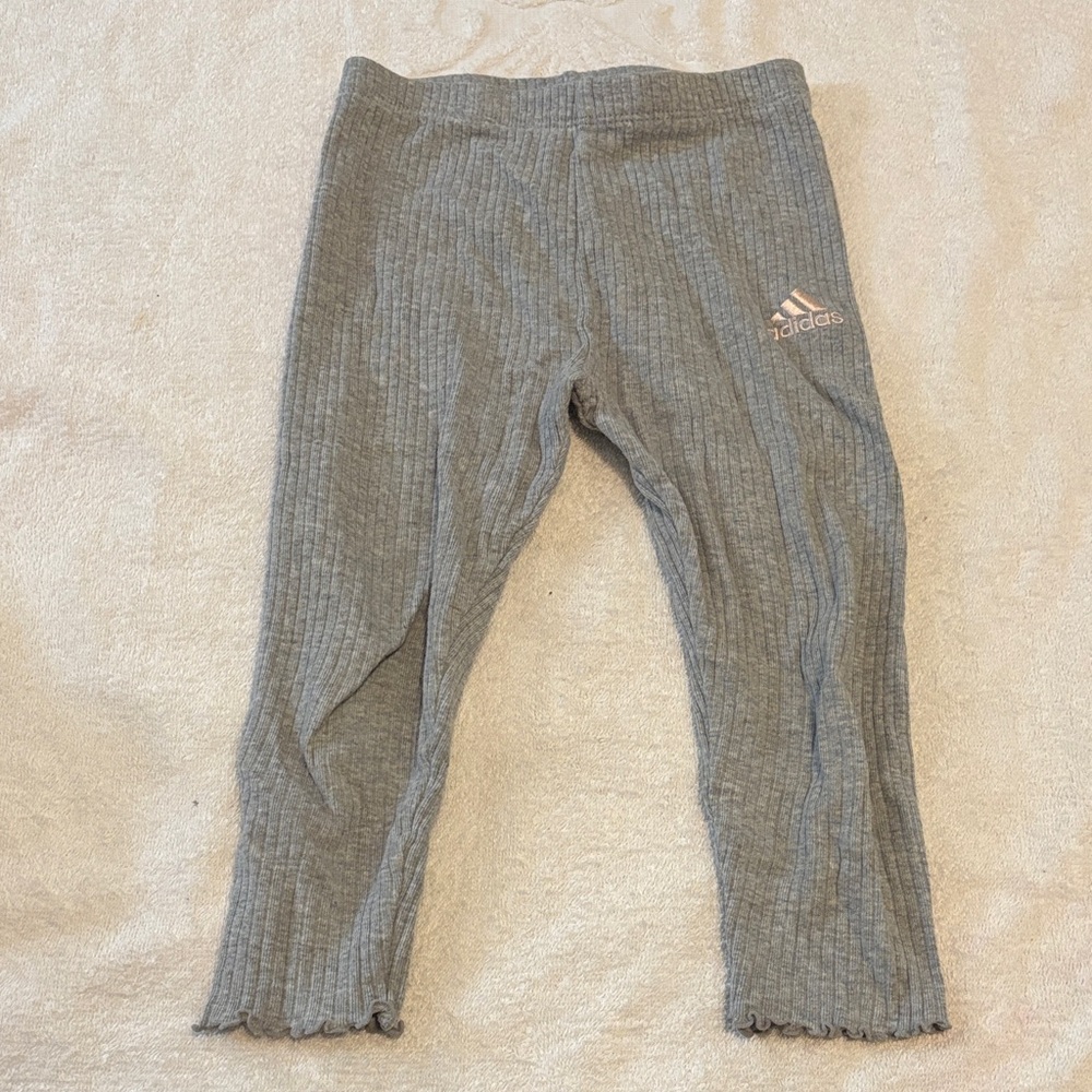 adidas Gray Ribbed Kids Leggings with Light Pink Logo